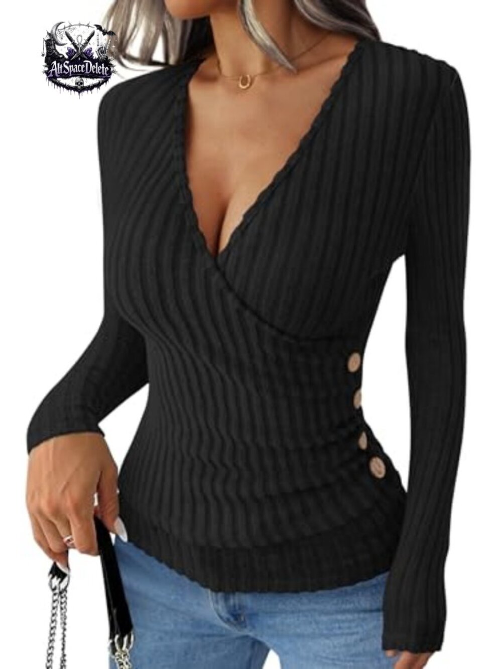 Women's Ribbed V Neck Long Sleeve Slim Fit Top